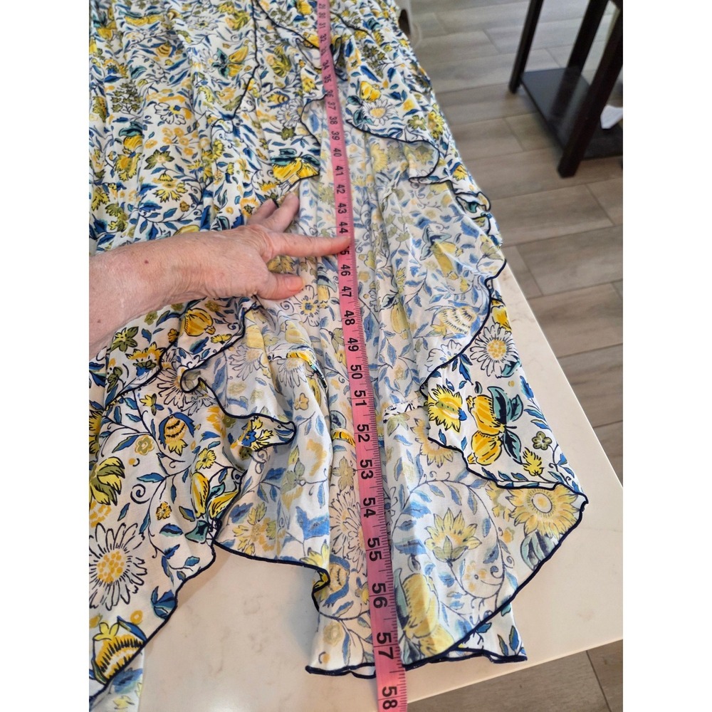 Poupette St Barth Joe Wrap Maxi Dress M Blue Yellow Sunflower Ruffle Resortwear - Picture 10 of 12